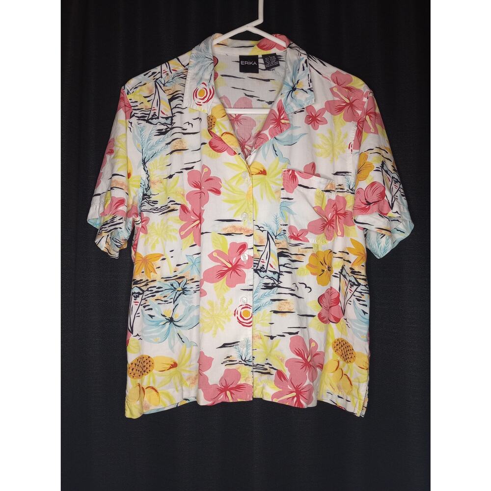 VTG 90s ERIKA floral tropical button down short blouse